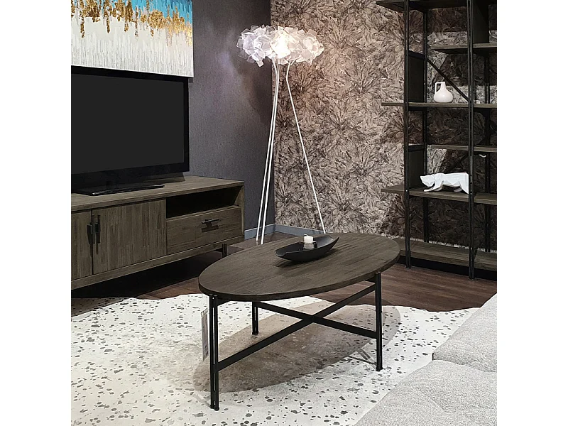 Table basse ovale en bois d'acacia cendré avec piètement métal - KUBI