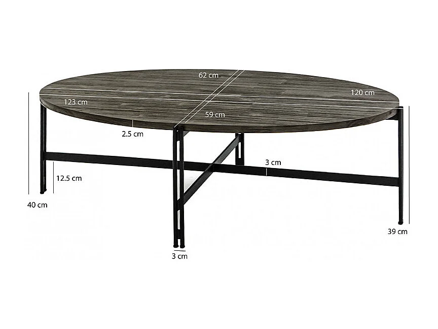 Table basse ovale en bois d'acacia cendré avec piètement métal - KUBI