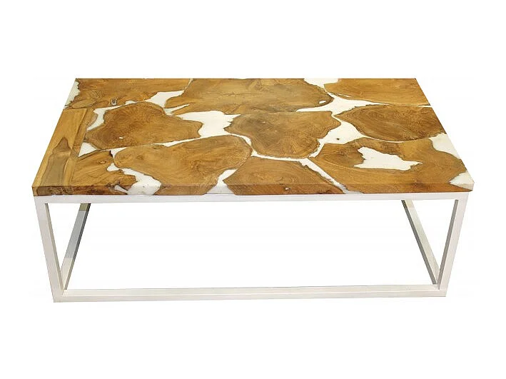 Table basse 110 cm en teck et résine blanche pieds métal - PAULETTE