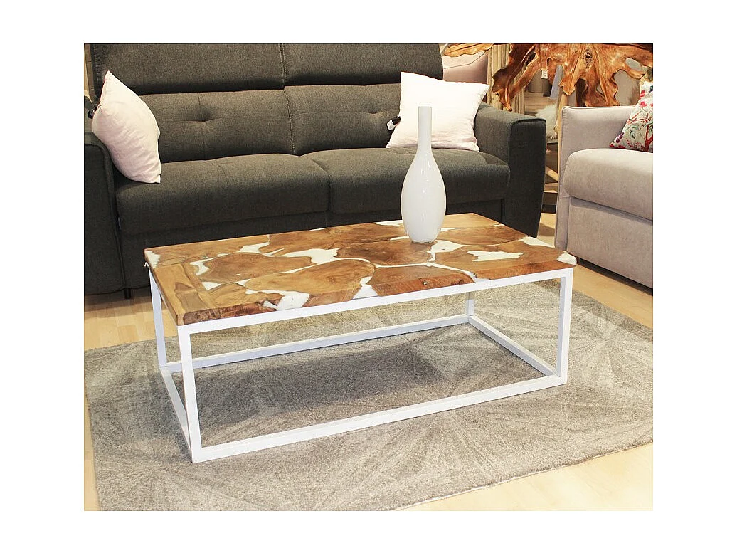 Table basse 110 cm en teck et résine blanche pieds métal - PAULETTE