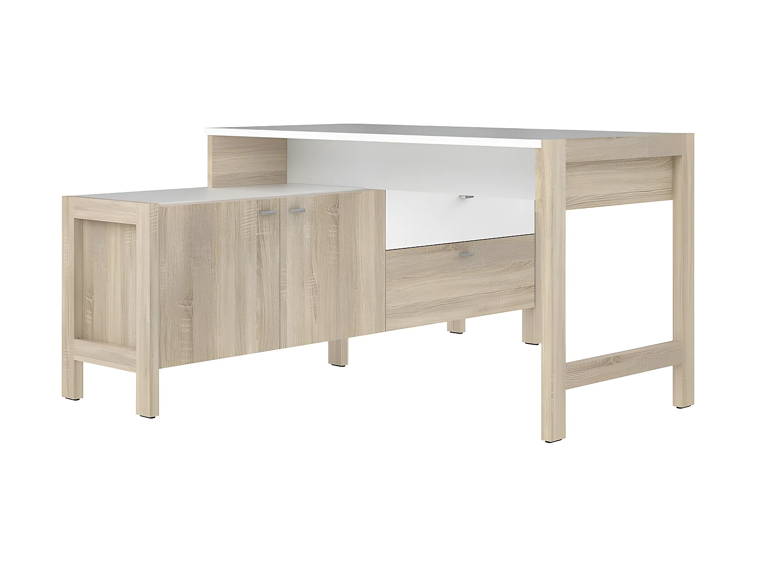 Bureau d'angle 2 portes 2 tiroirs blanc et décor chêne clair - NORWAY