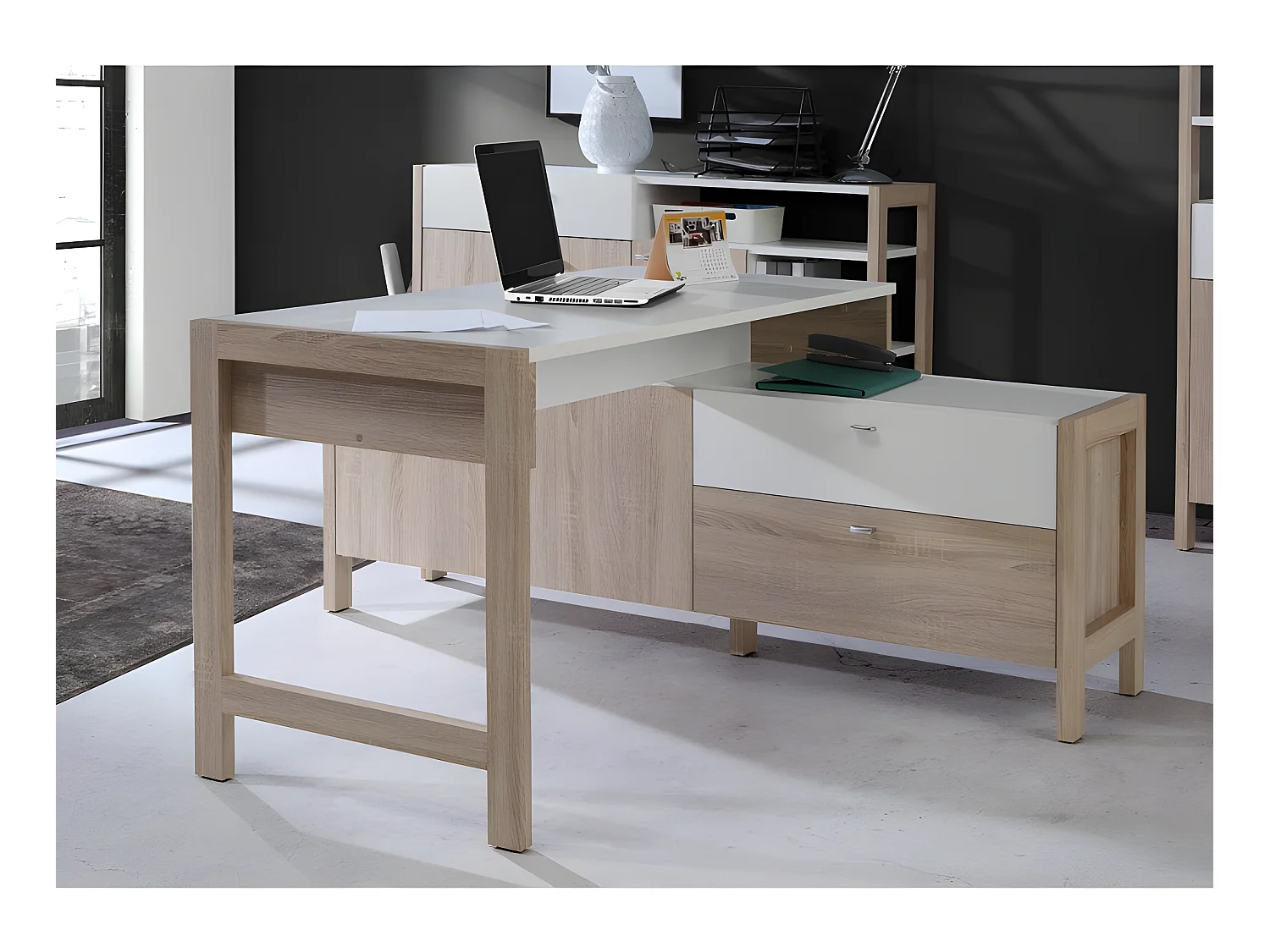 Bureau d'angle 2 portes 2 tiroirs blanc et décor chêne clair - NORWAY