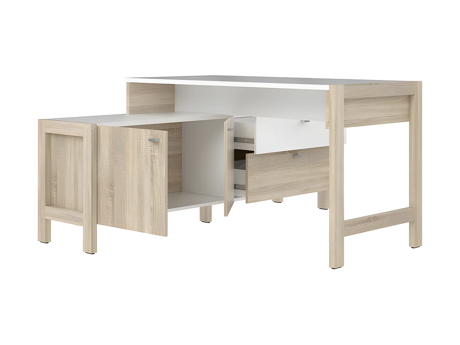 Bureau d'angle 2 portes 2 tiroirs blanc et décor chêne clair - NORWAY