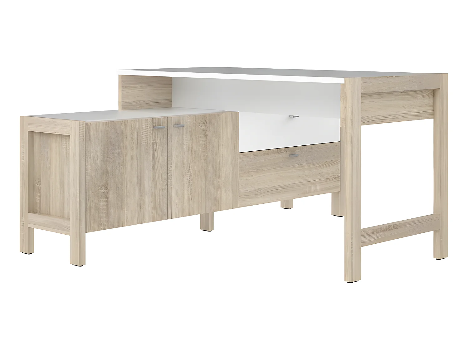 Bureau d'angle 2 portes 2 tiroirs blanc et décor chêne clair - NORWAY