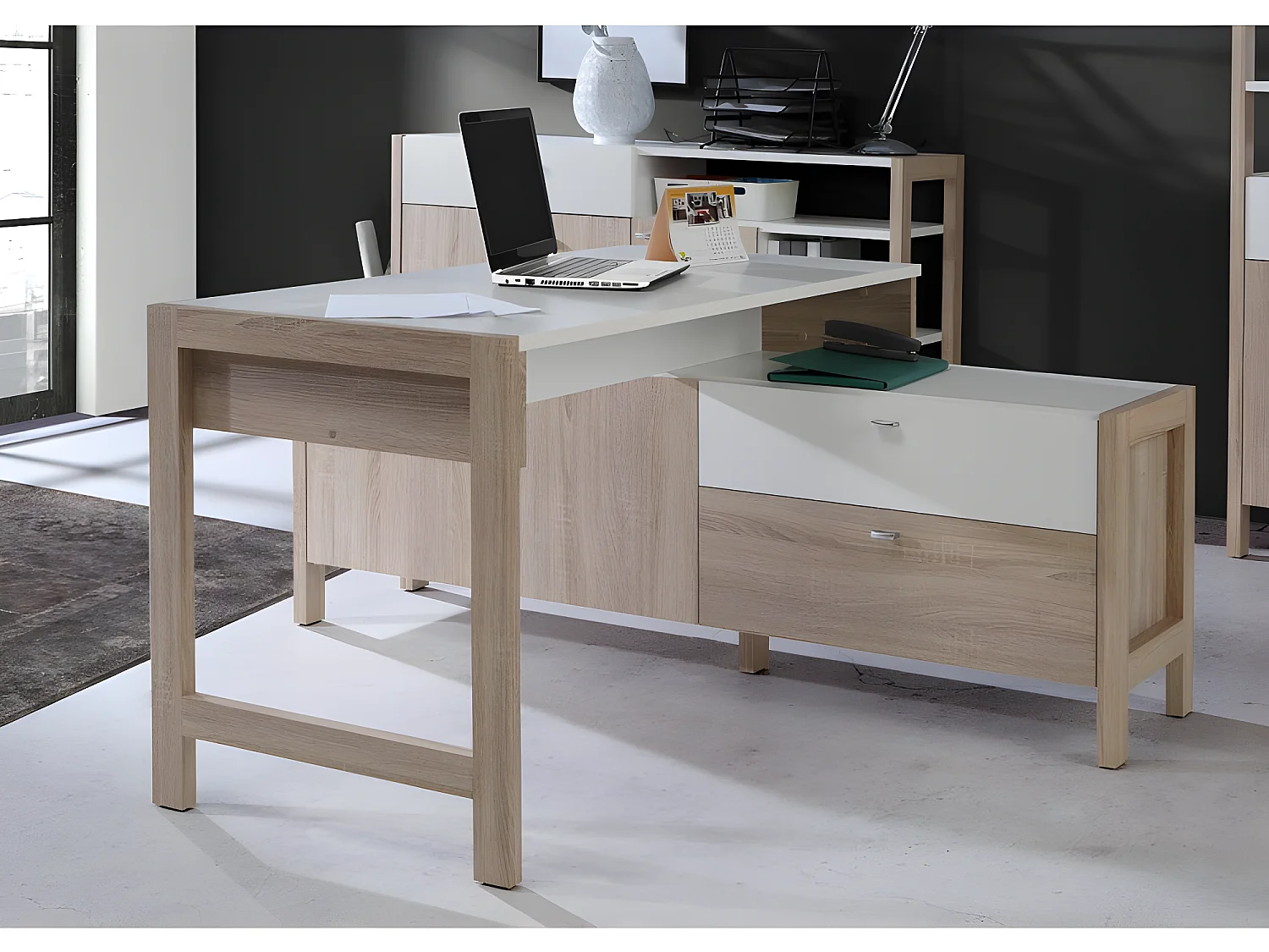 Bureau d'angle 2 portes 2 tiroirs blanc et décor chêne clair - NORWAY