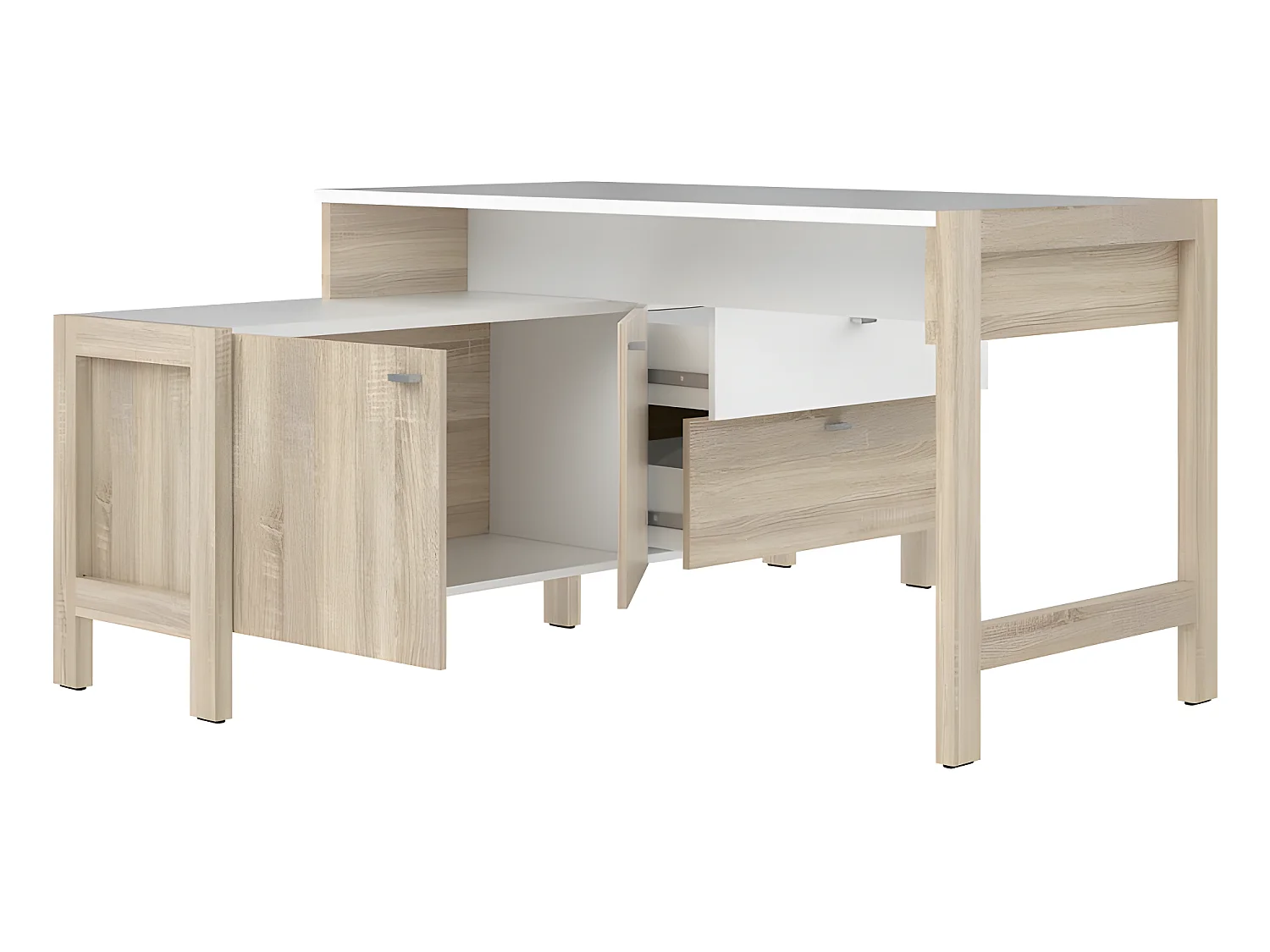 Bureau d'angle 2 portes 2 tiroirs blanc et décor chêne clair - NORWAY