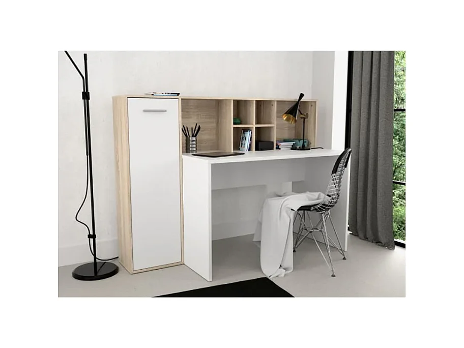 Bureau droit avec rangements décor chêne clair et blanc mat - KEVAN