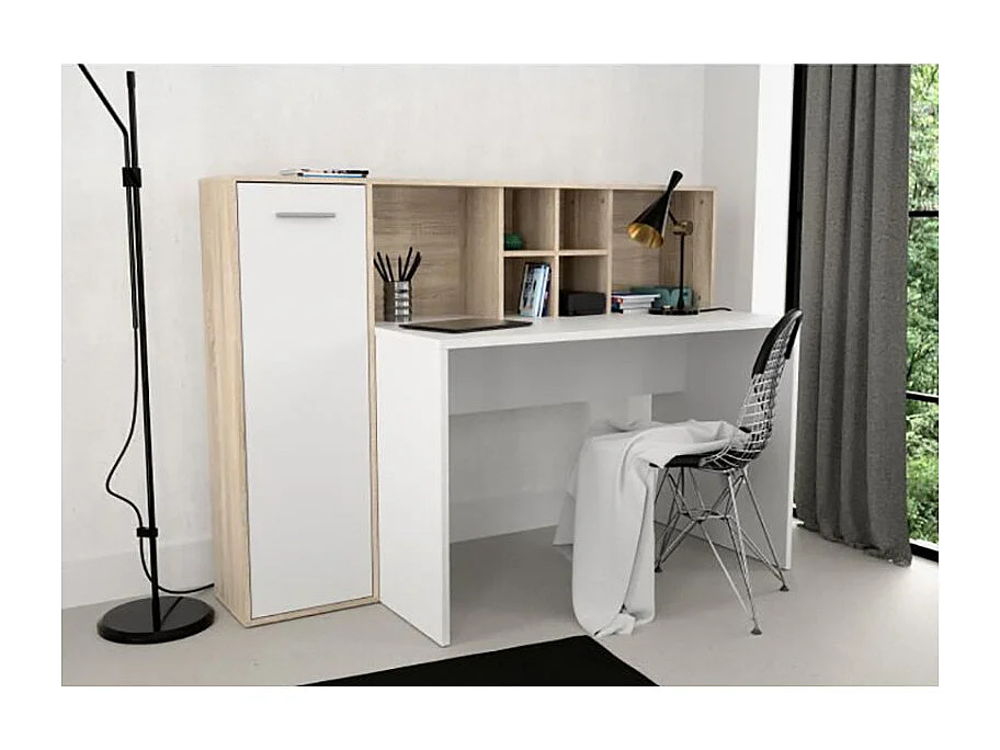 Bureau droit avec rangements décor chêne clair et blanc mat - KEVAN
