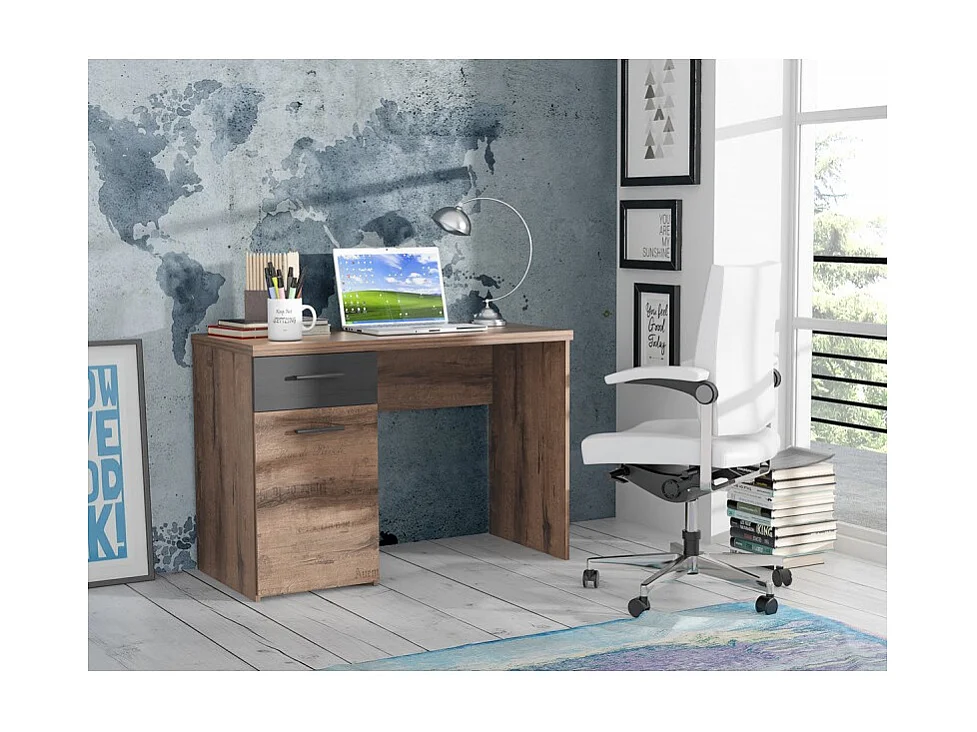 Bureau marron 1 porte et 1 tiroir décor vieux chêne - JULES