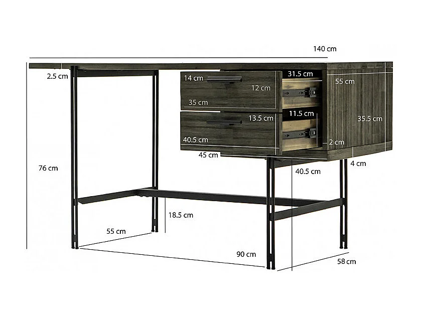 Bureau L140 cm en bois cendré structure en métal - KUBI