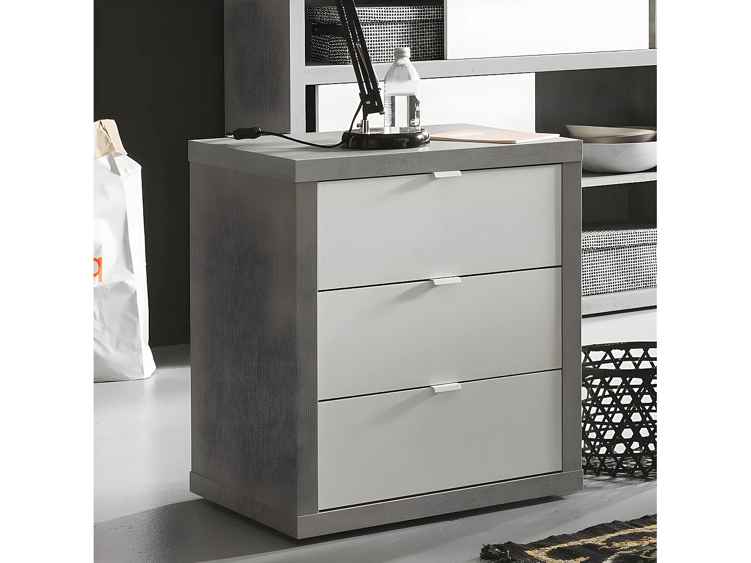 Caisson rangement bureau 3 tiroirs décor gris et blanc laqué - GRANIT