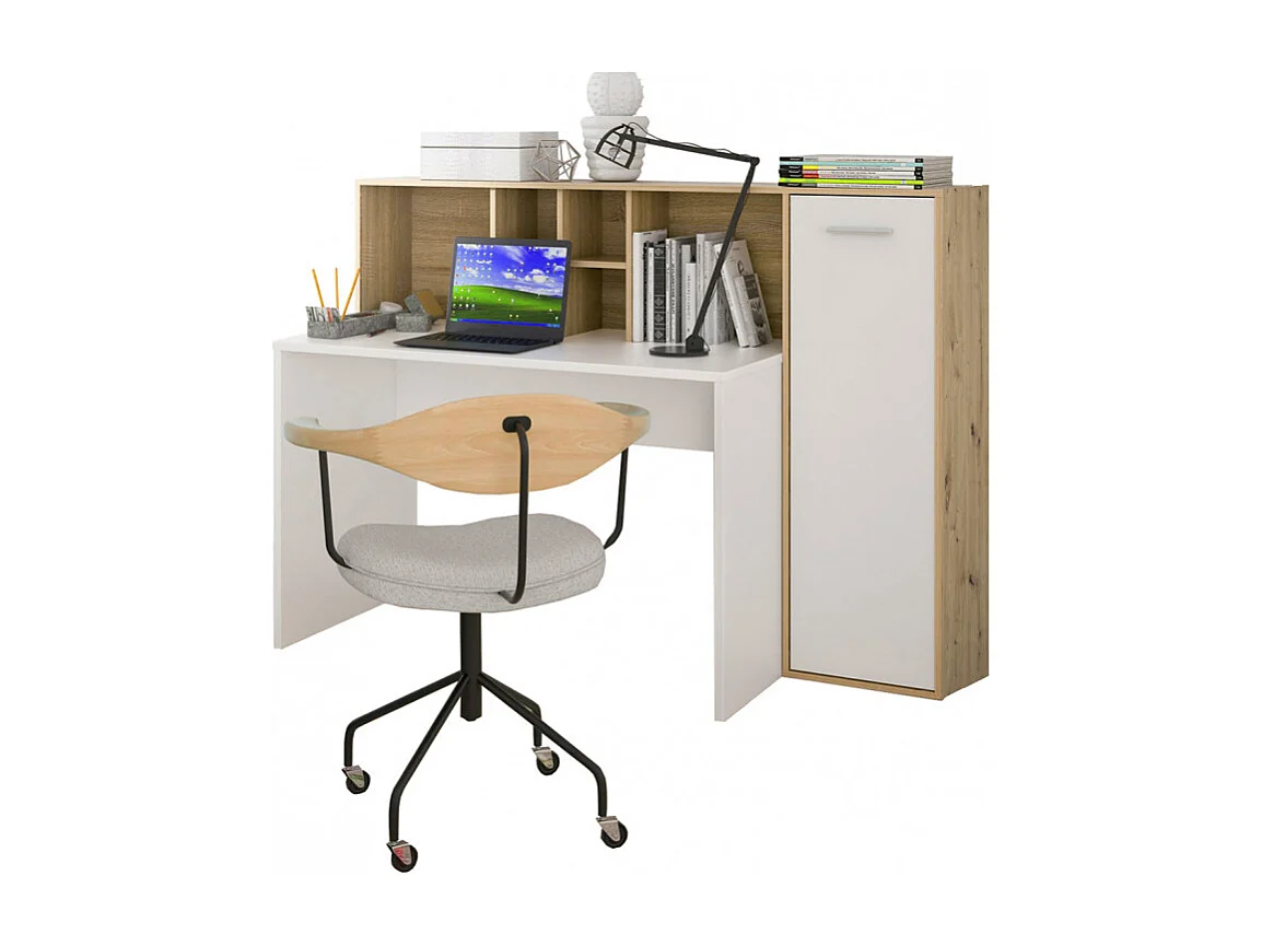 Bureau droit avec rangements décor chêne rustique et blanc mat - KEVAN