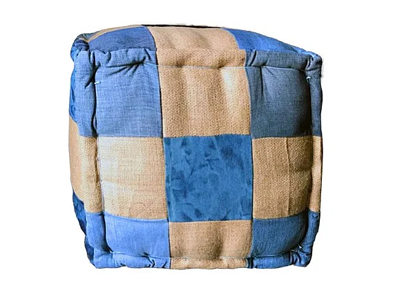 Pouf carré en patchwork jeans damier bleu et beige vintage - DENIM