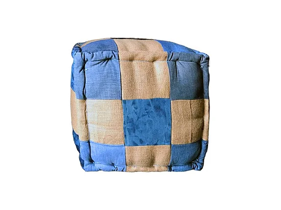Pouf carré en patchwork jeans damier bleu et beige vintage - DENIM