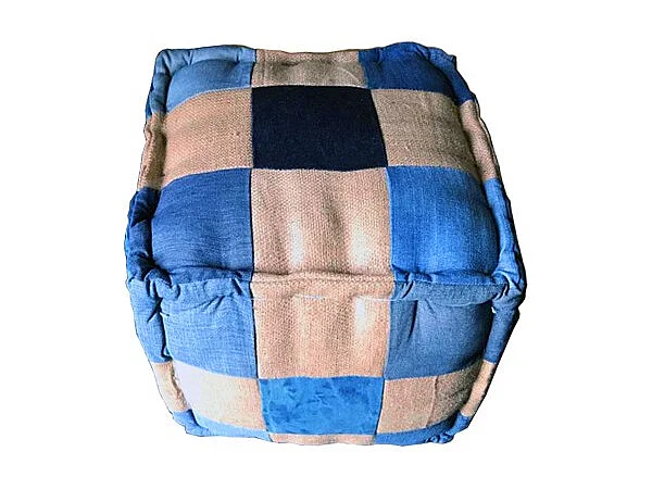 Pouf carré en patchwork jeans damier bleu et beige vintage - DENIM