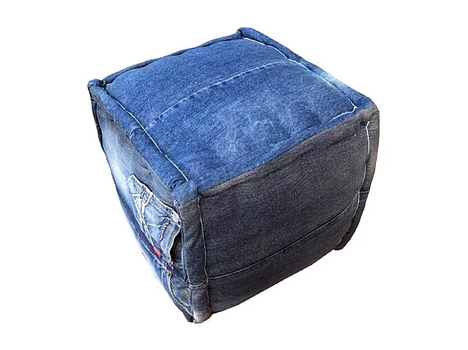 Pouf carré en tissu pantalon jeans bleu effet usé - STRAUSS