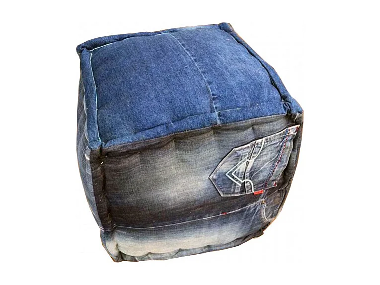 Pouf carré en tissu pantalon jeans bleu effet usé - STRAUSS