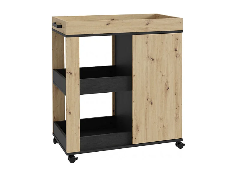 Desserte à roulettes 3 plateaux et 1 porte décor bois et noir - BENJI