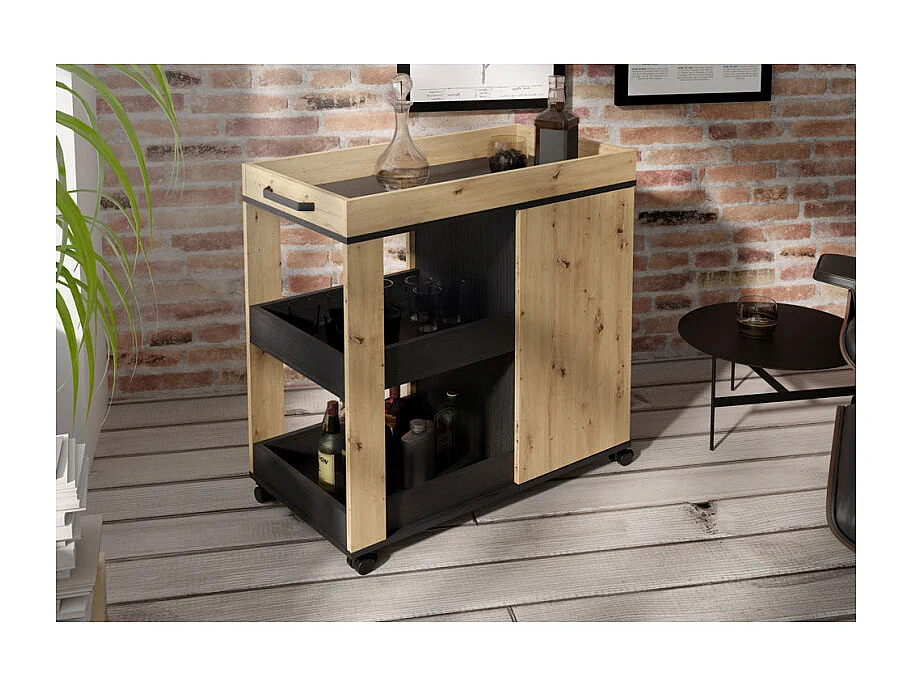 Desserte à roulettes 3 plateaux et 1 porte décor bois et noir - BENJI