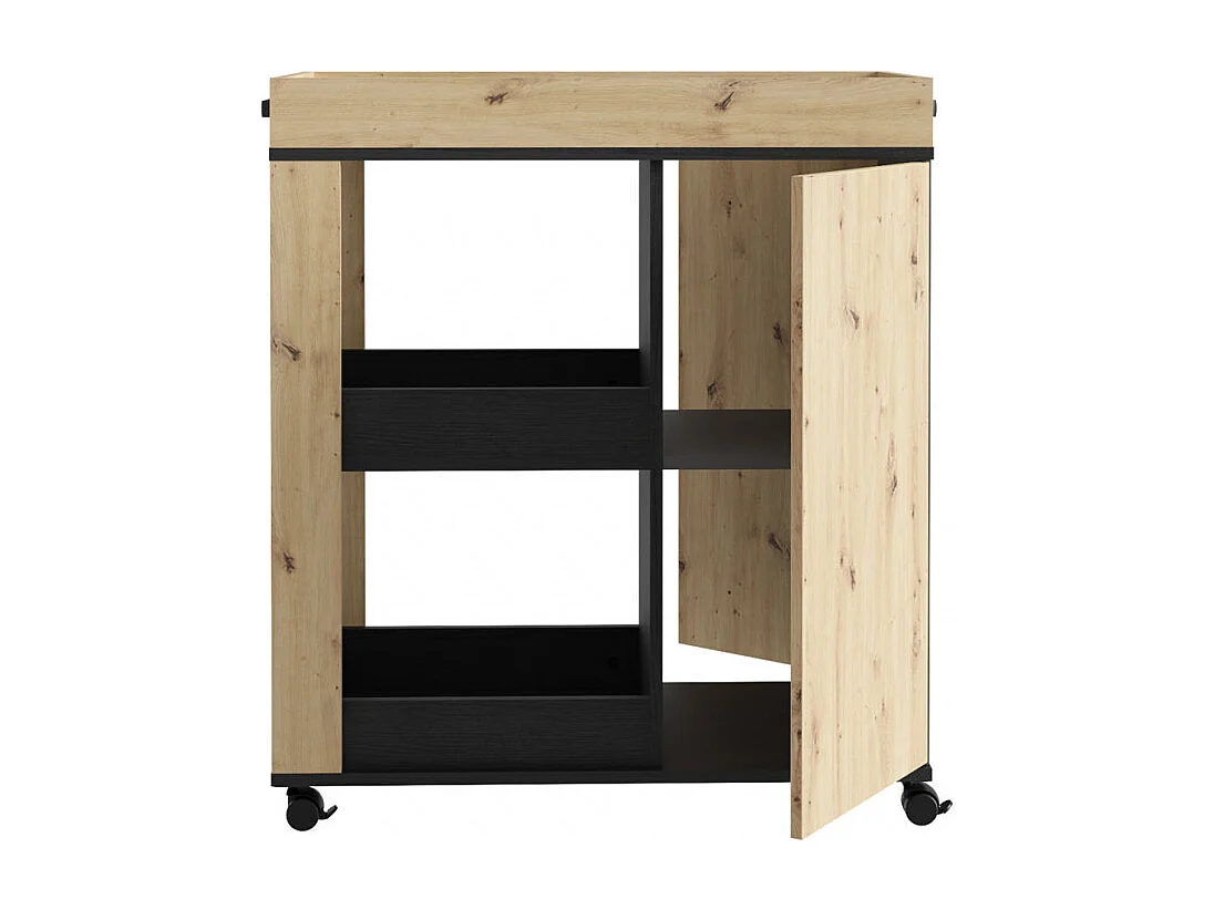 Desserte à roulettes 3 plateaux et 1 porte décor bois et noir - BENJI