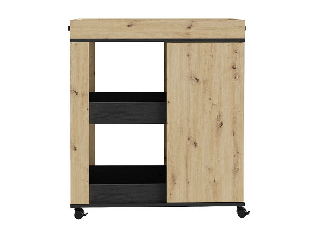 Desserte à roulettes 3 plateaux et 1 porte décor bois et noir - BENJI