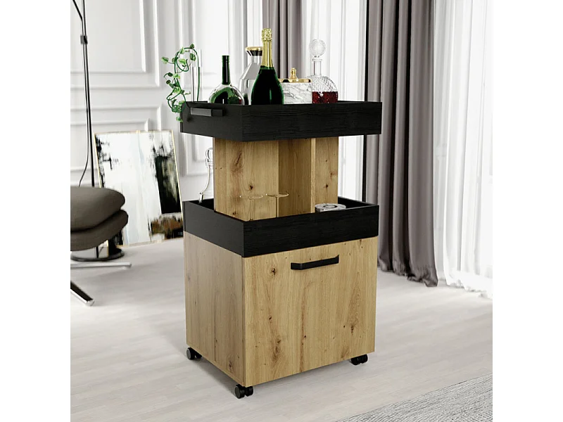 Desserte à roulettes 1 plateau 1 porte décor bois et noir - BENJI