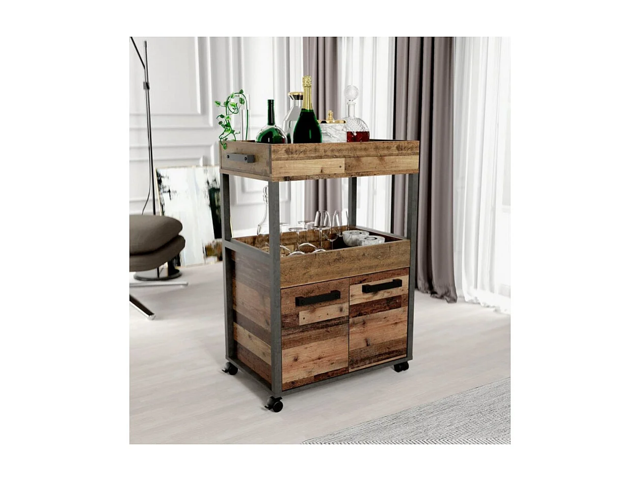 Desserte à roulettes 2 plateaux 2 portes décor bois vintage - BENJI