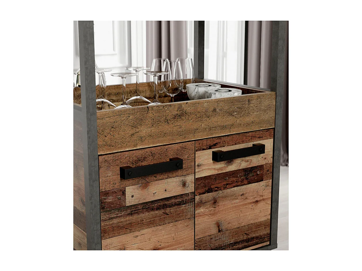 Desserte à roulettes 2 plateaux 2 portes décor bois vintage - BENJI