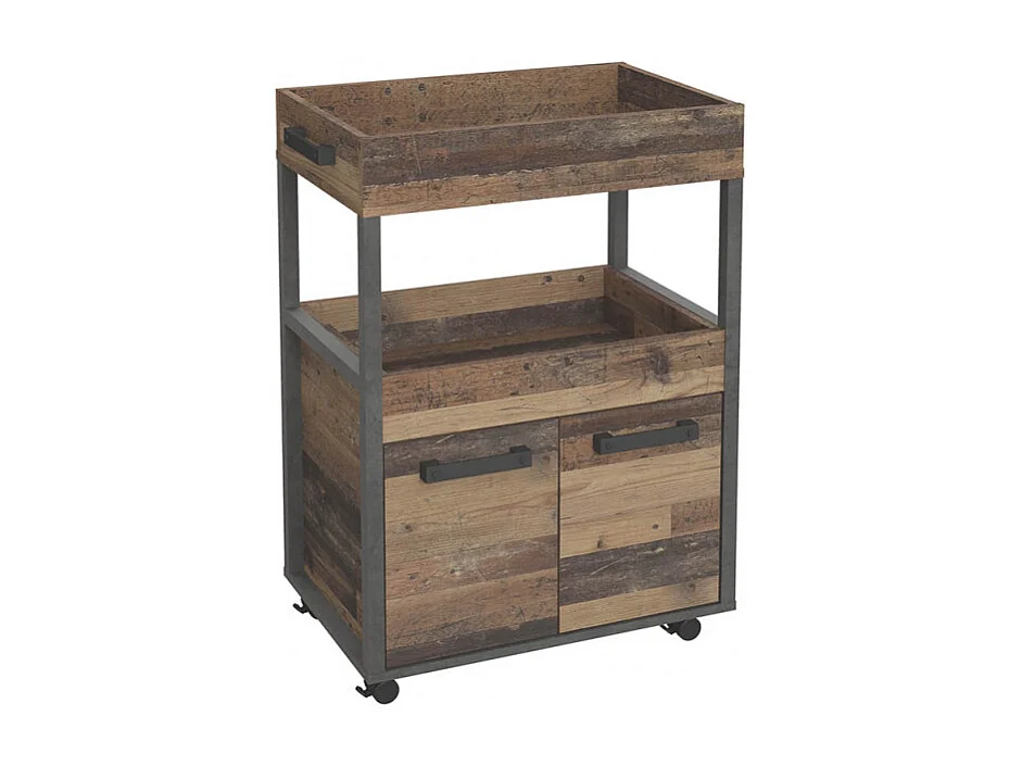 Desserte à roulettes 2 plateaux 2 portes décor bois vintage - BENJI