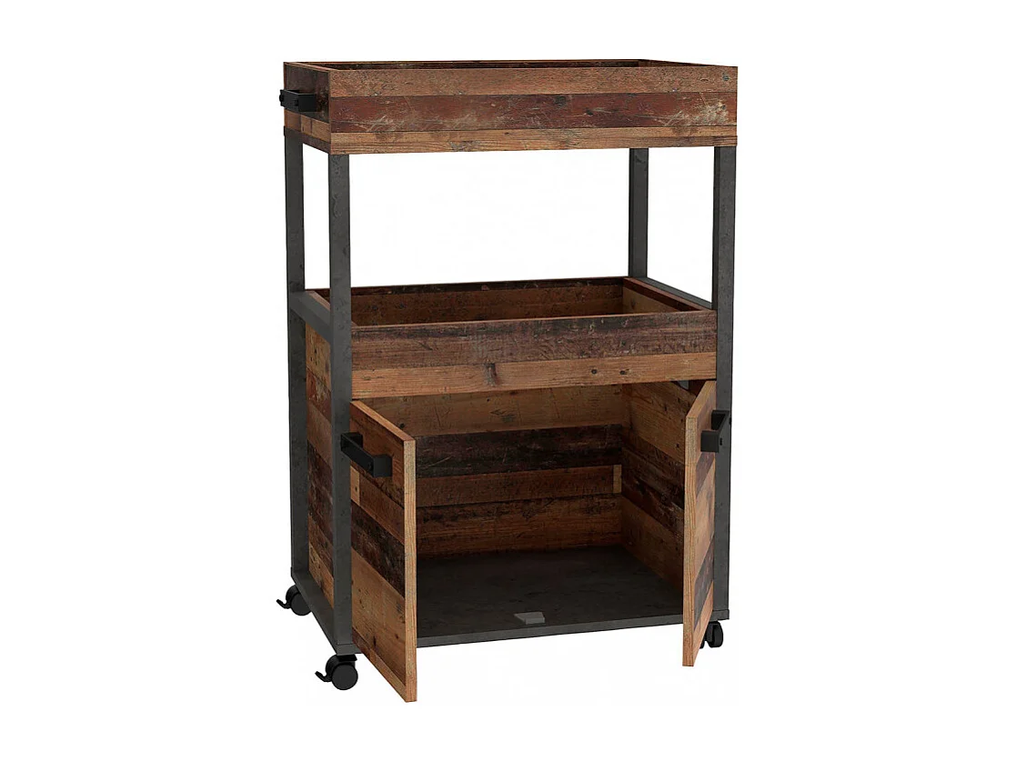 Desserte à roulettes 2 plateaux 2 portes décor bois vintage - BENJI