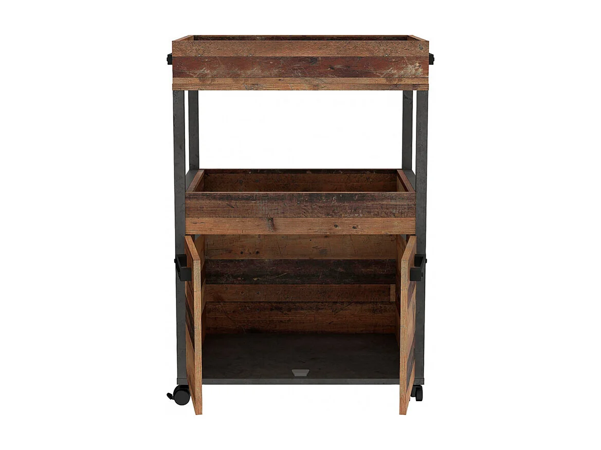 Desserte à roulettes 2 plateaux 2 portes décor bois vintage - BENJI