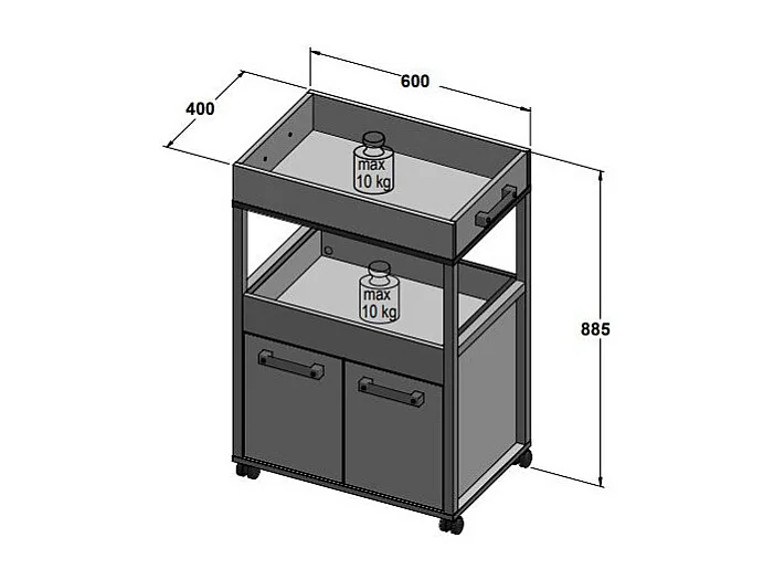 Desserte à roulettes 2 plateaux 2 portes décor bois vintage - BENJI