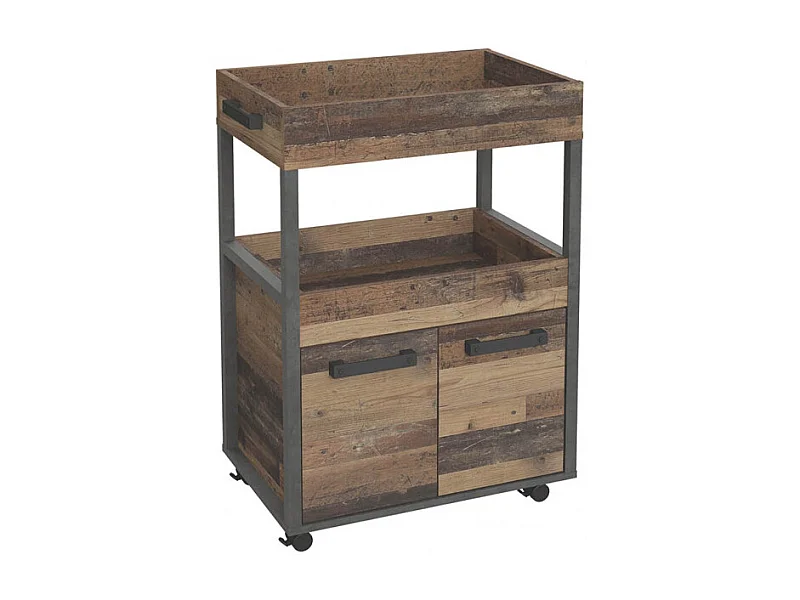 Desserte à roulettes 2 plateaux 2 portes décor bois vintage - BENJI