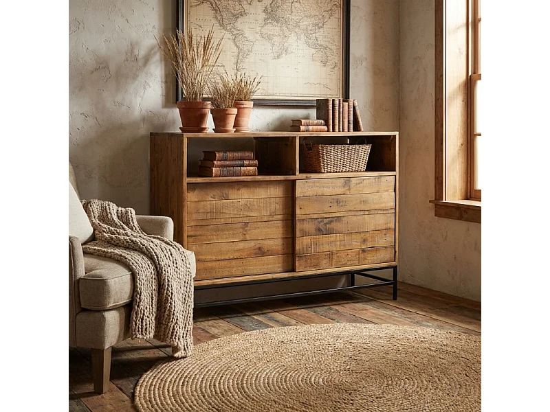 Buffet industriel bois rustique et métal noir L.140 cm - FACTORY