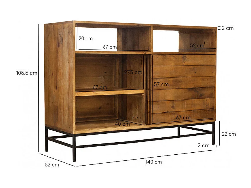 Buffet industriel bois rustique et métal noir L.140 cm - FACTORY