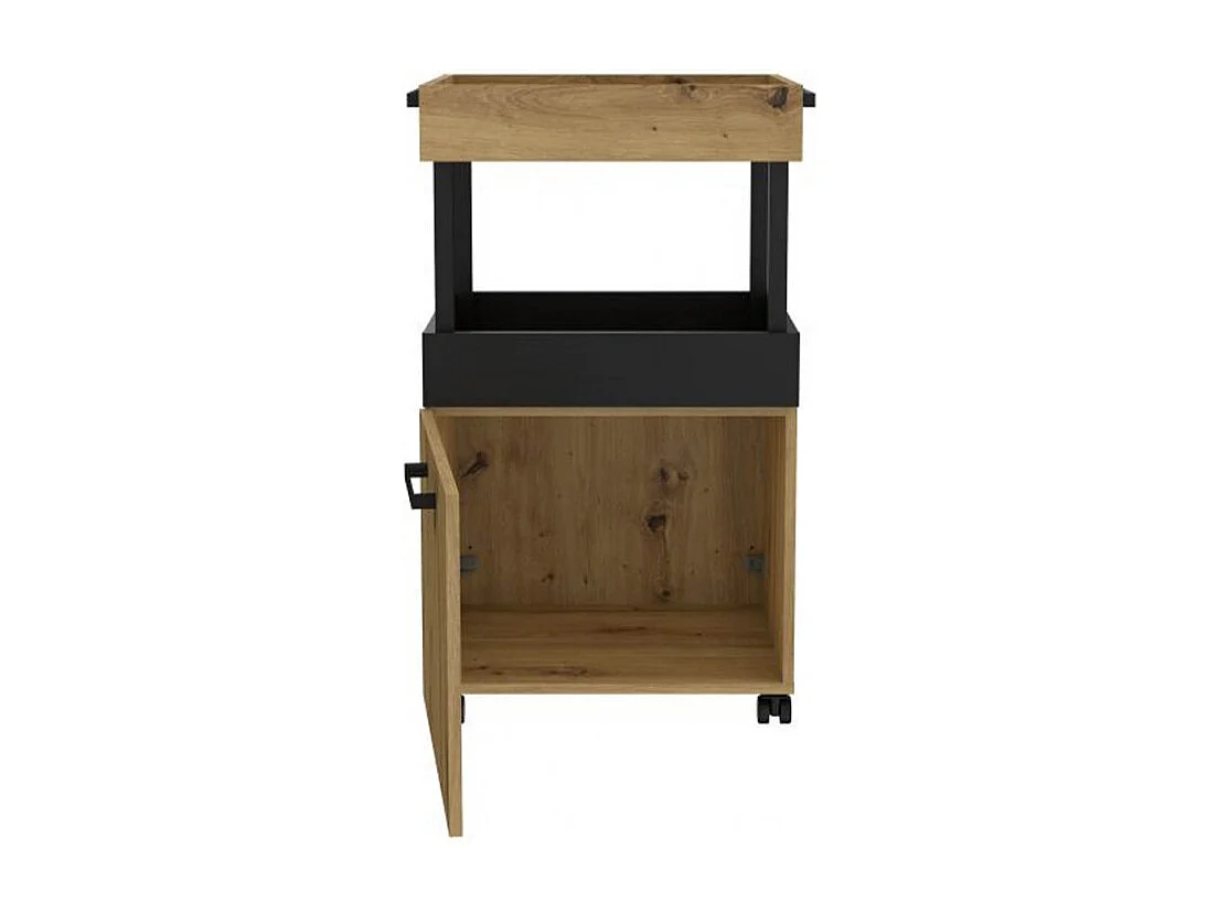 Desserte à roulettes 2 plateaux 1 porte décor bois et noir - BENJI