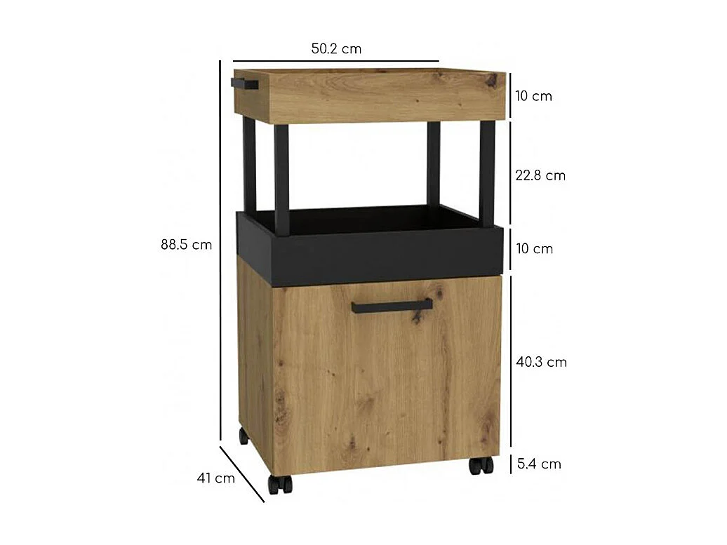 Desserte à roulettes 2 plateaux 1 porte décor bois et noir - BENJI