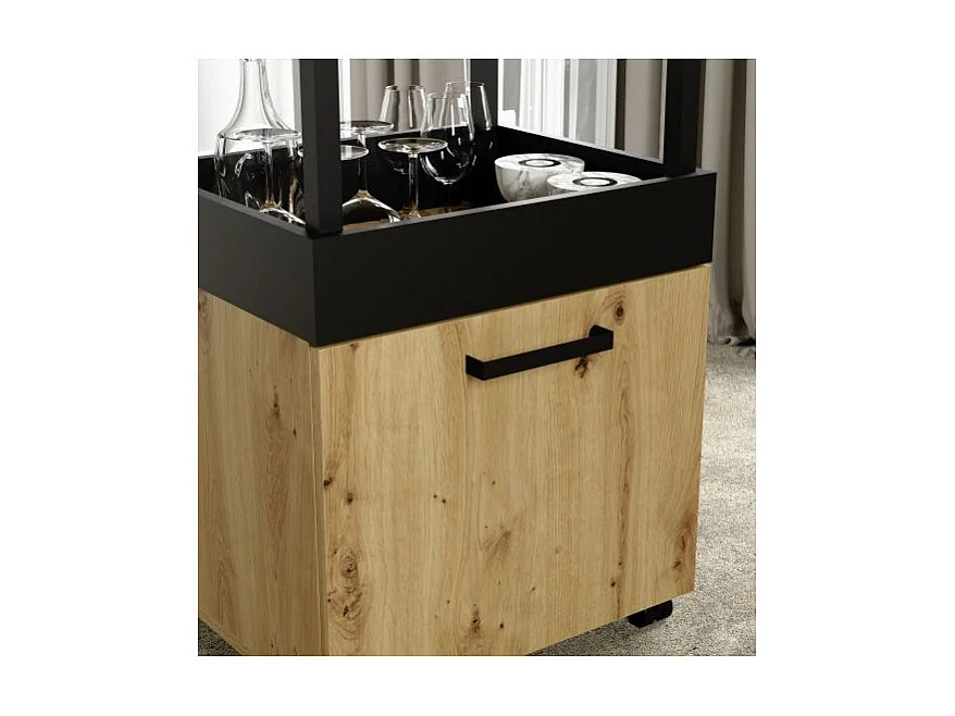 Desserte à roulettes 2 plateaux 1 porte décor bois et noir - BENJI