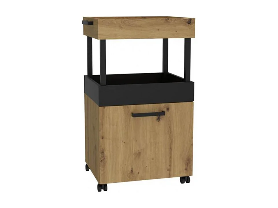 Desserte à roulettes 2 plateaux 1 porte décor bois et noir - BENJI