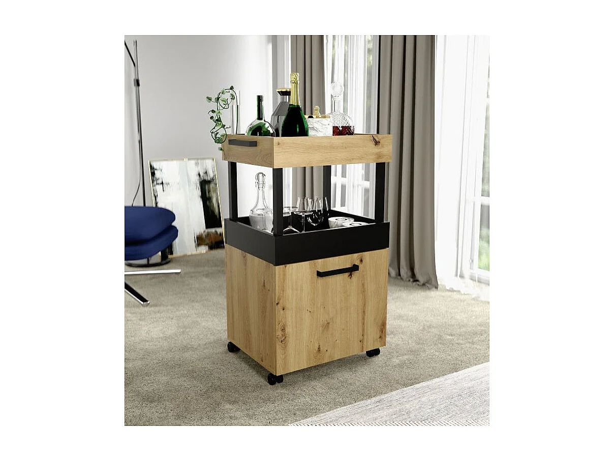 Desserte à roulettes 2 plateaux 1 porte décor bois et noir - BENJI