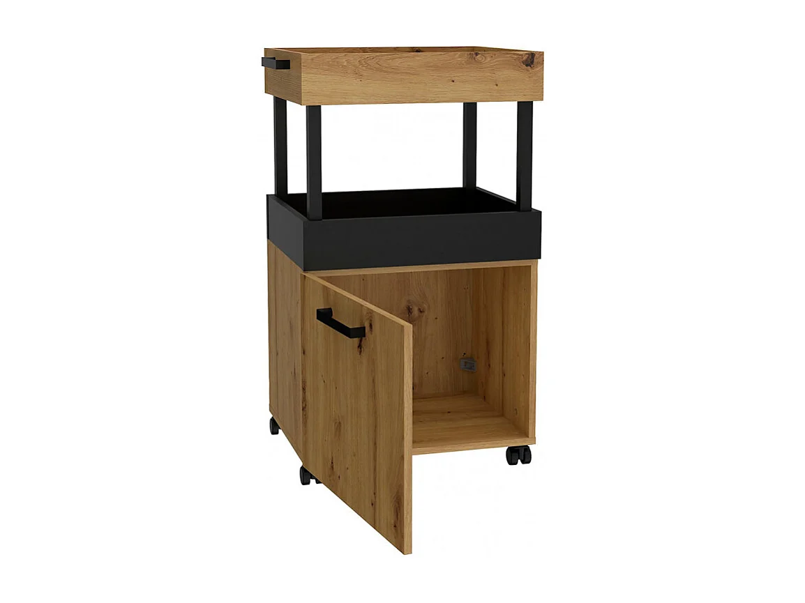 Desserte à roulettes 2 plateaux 1 porte décor bois et noir - BENJI