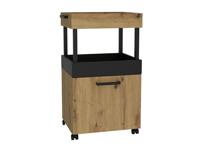 Desserte à roulettes 2 plateaux 1 porte décor bois et noir - BENJI