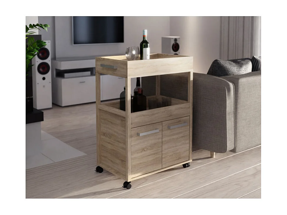 Desserte à roulettes 2 plateaux 2 portes décor bois clair - BENJI