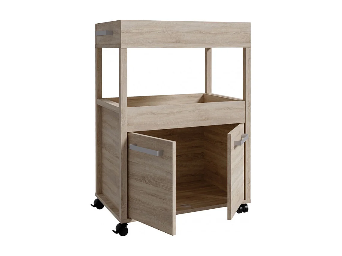 Desserte à roulettes 2 plateaux 2 portes décor bois clair - BENJI
