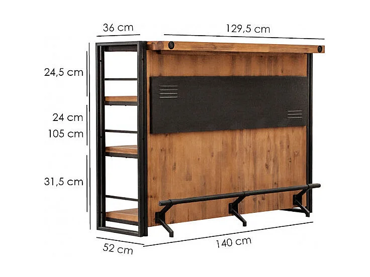 Bar industriel comptoir 140 cm en bois d'acacia et métal - WORKSHOP