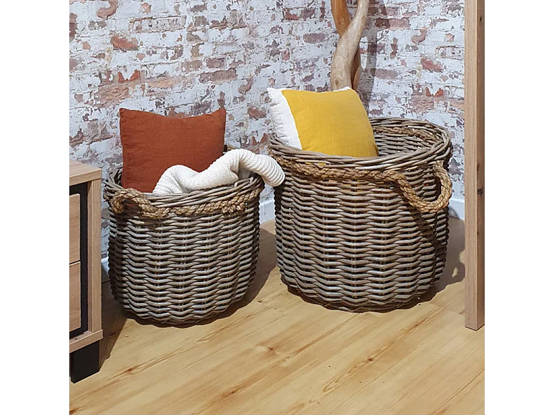 Panier rond en kubu naturel tressé D.46 cm avec anses - SIBU M