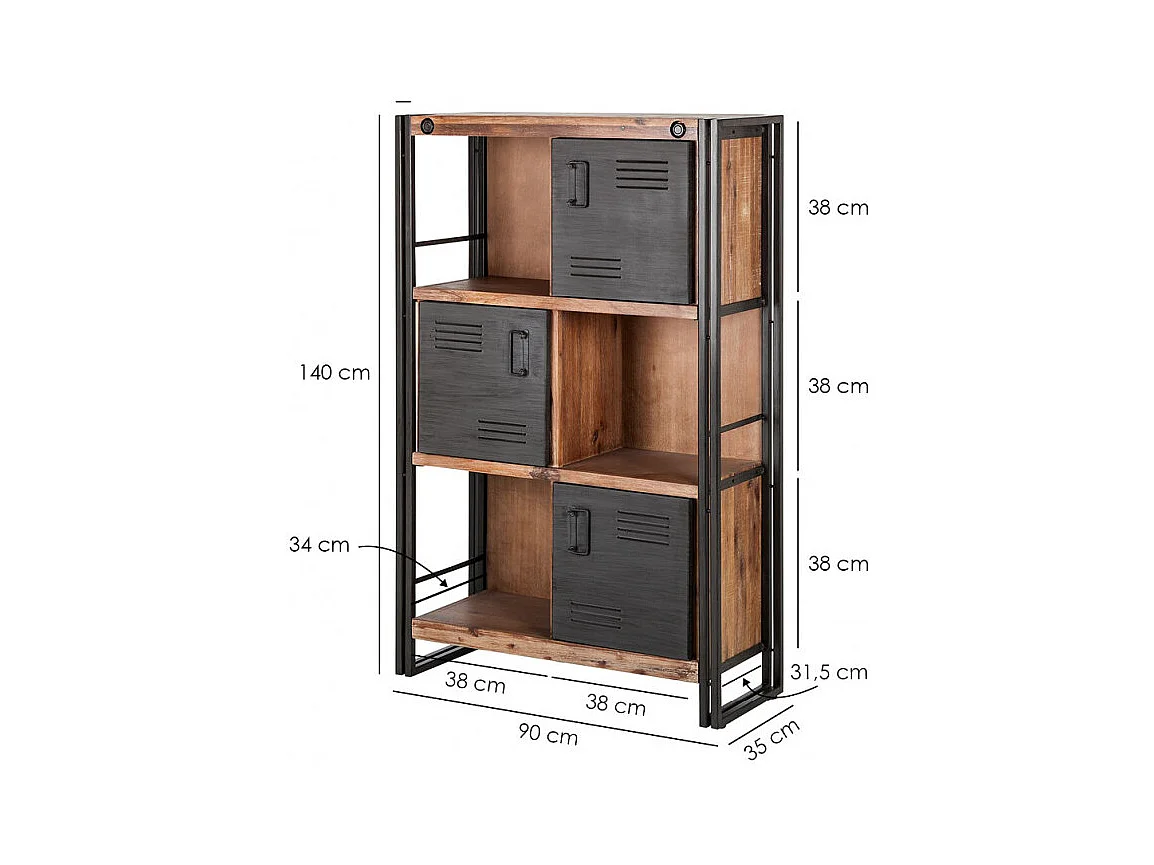 Bibliothèque 3 étagères 3 portes bois d'acacia et métal - WORKSHOP