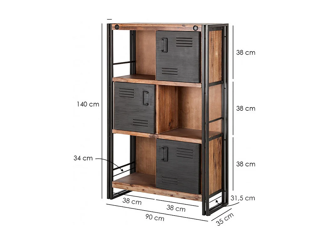 Bibliothèque 3 étagères 3 portes bois d'acacia et métal - WORKSHOP