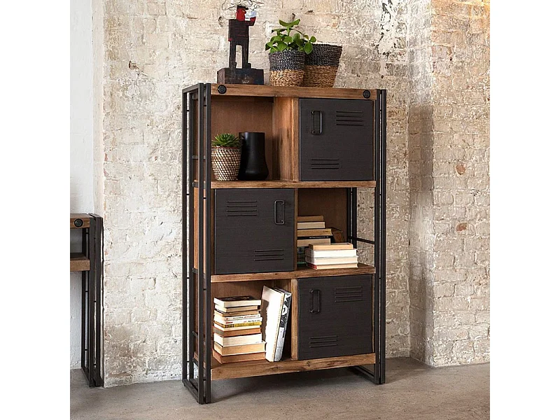 Bibliothèque 3 étagères 3 portes bois d'acacia et métal - WORKSHOP