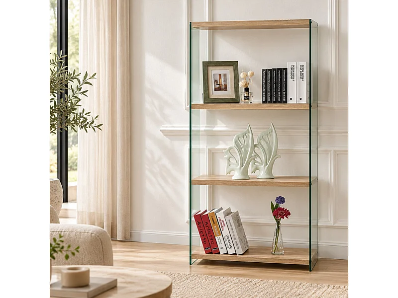 Bibliothèque H. 164 cm en verre trempé et 3 étagères décor chêne - ICE